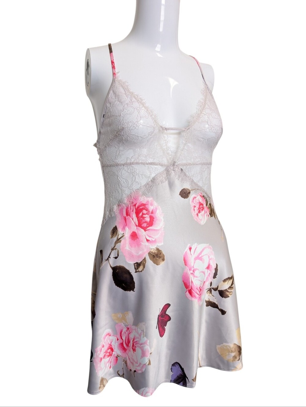 Victoria's Secret Satin Lace Butterfly Floral Slip Cami Mini Dress White Pink XS